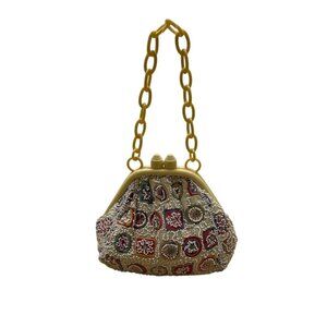 Vintage Charlet Beaded Beige Plastic Chain Handle & Floral Design Handbag Sz S